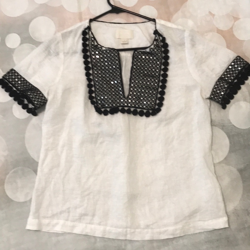 J. Crew White Short Sleeve Linen Top with Black Embroidered Yoke